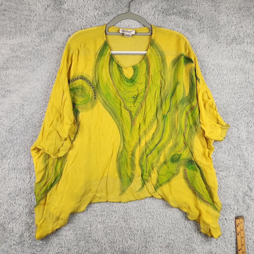 Vintage Sterling Styles Blouse Womens One Size Yellow Hand Painted Beaded Tunic